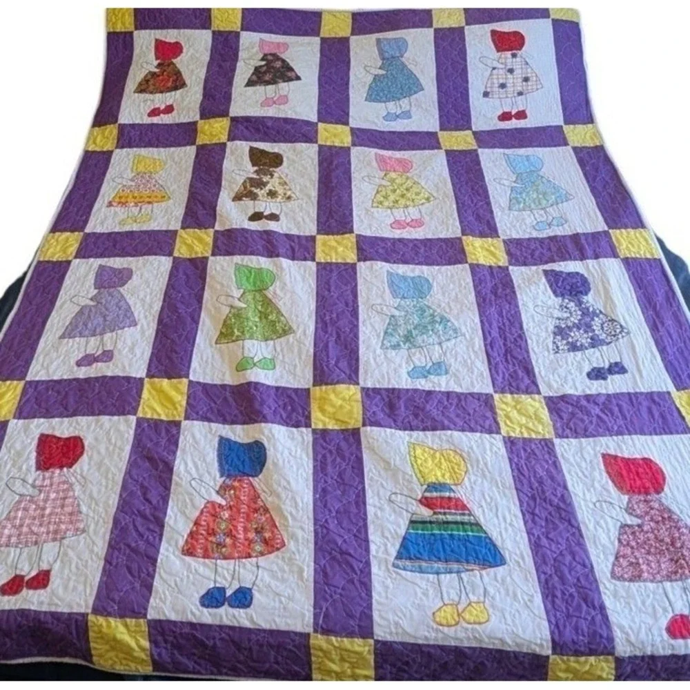 Vintage Handmade Quilt Sunbonnet Sue Twin Purple Calico‎ Cottage Folk Art 67x84